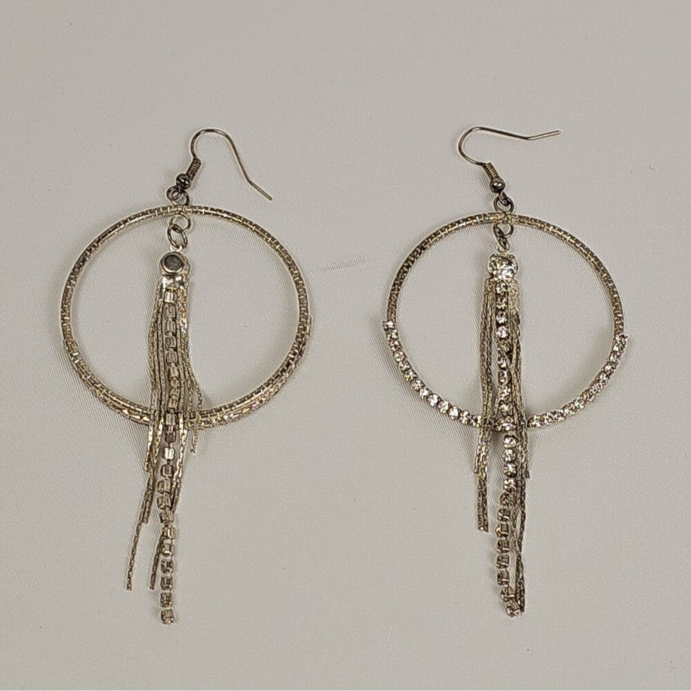 12K Silver Tone Rhinestone Hoop Earrings Long Dangle Fringe Glam Statement